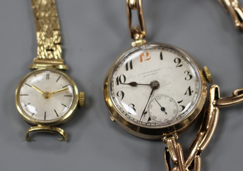 A ladys 1930s? 9ct gold manual wind wrist watch, on yellow metal flexible strap and a 14ct gold watch on damaged strap.